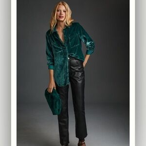 Anthropologie Pilcro Emerald Green velvet button down relaxed blouse